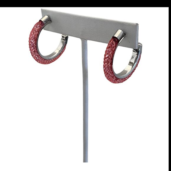 New Boutique Earrings Silver Tone Hoop Red Mesh Crystals Dust 13H - Picture 4 of 4